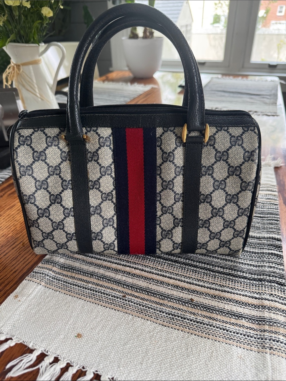 Gucci Beige/Blue/Red Monogram Top-Handle Satchel - Picture 2 of 3